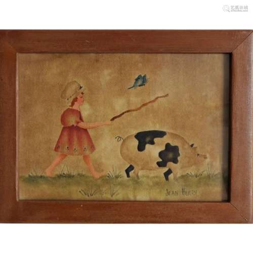 19th Century Folk Art Painting Signed Girl With A Pig