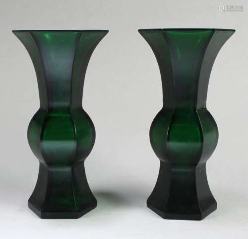 A Pair of Chinese Green Color Peking Glass Vases