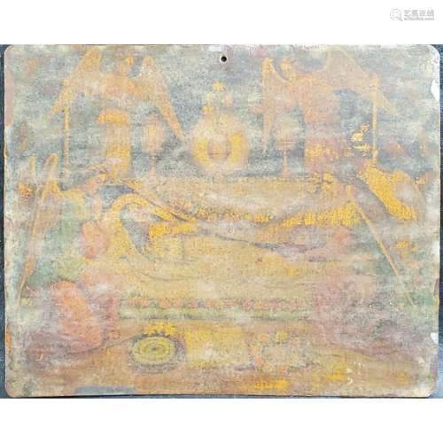 Early Antique Painting On Tin Jesus Christ & Angels