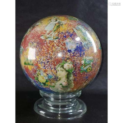 19th c Reverse Victoian Painted  Decoupage Glass Ball