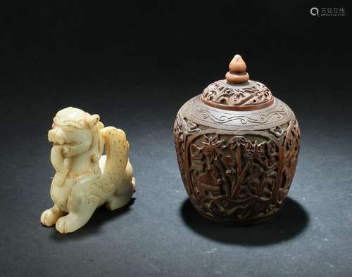 A Carved Jade Ornament and A Wooden Carved Container