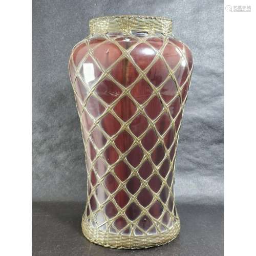 Old Japanese Awaji Island Wire Wrapped Pottery Vase