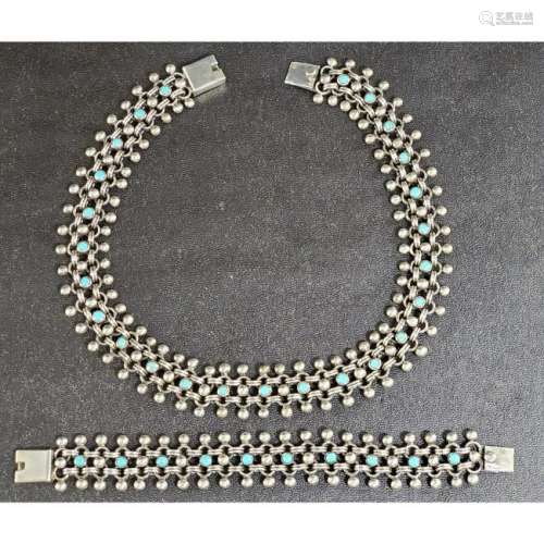 Signed Sterling Silver & Turquoise Necklace & Bracelet