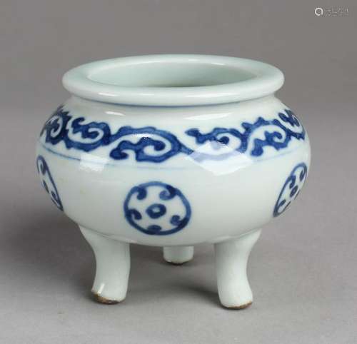 Antique Chinese Blue & White Porcelain Tripod Censer