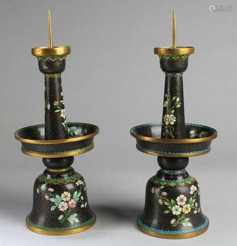 A Pair of Chinese Cloisonne Candle Holders