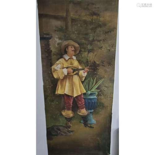 Lg Antique Painting On Cloth 19th Century Signed