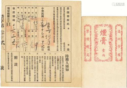 民国二十七年（1938年）禁烟督察处颁发购买鸦片执照一件及禁烟总局烟膏壹两卡片一张