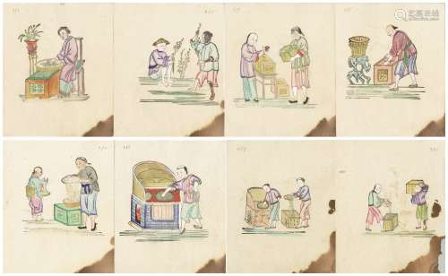 清代龙井茶种植与制作套色木板画一组八幅