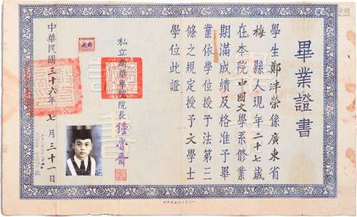 民国三十六年（1947年）现代著名教育家钟鲁斋签发广东私立南华学院毕业证书一张，目前仅见。