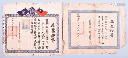 民国三十三年（1944年）青岛特别市市立台西镇小学毕业证书一张；2）民国三十六年（1947年）青岛市私立成功华文打字补习班毕业证书一张。