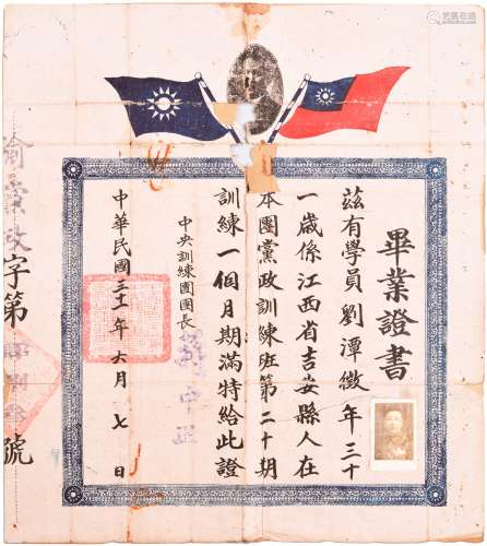 刘潭征：民国三十一年（1942年）中央训练团第二十期毕业证书一张。