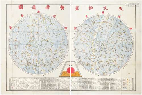 清光绪三十四年（1908年）上海文宝五彩书局印国粹研究会出版如皋李西勋星白绘图《天文恒星黄赤道图》两张一套