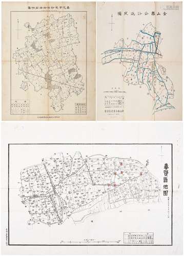 1）民国二十九年（1940年）金山县公路现状图一件；2）民国三十四年（1945年）奉贤县地图一件；3）民国时期嘉定全境干河干陆简明图一件。