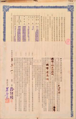 民国二十一年（1932年）华安合群保寿股份有限公司寿险保单一件（背贴广东省财政厅保险税票贰分、伍分、壹角、贰圆、伍圆各一枚）