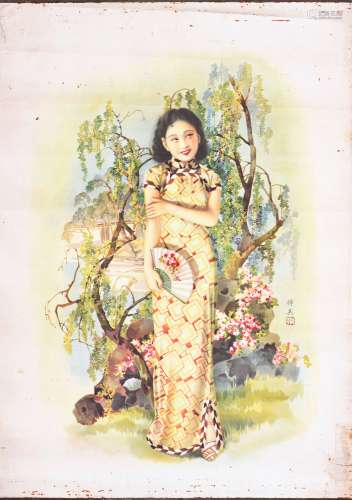 民国时期花园持扇美女招贴画一张