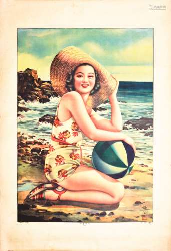 民国时期梅生款“海边美人”美女招贴画一张。