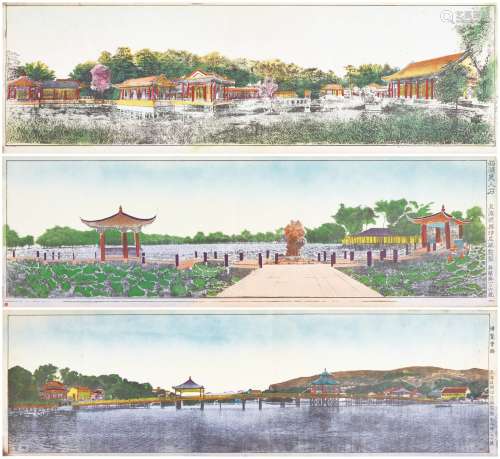 民国时期杭州西湖博览会风景图招贴画三张