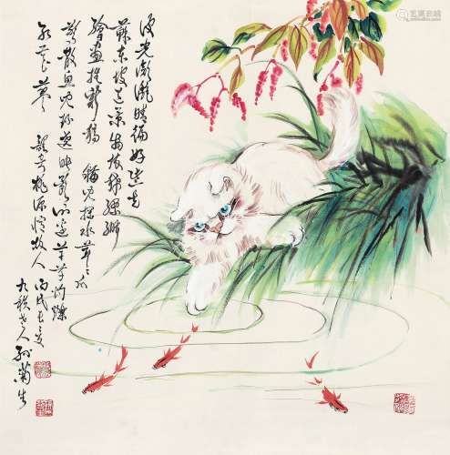 孙菊生（b.1913） 2006年作 猫趣图 立轴 设色纸本