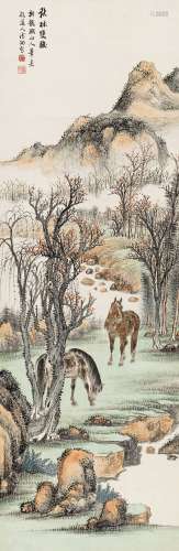 溥涧（1901～1966） 秋林双骏 立轴 设色纸本