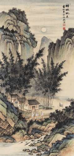 袁松年（1895～1966） 竹林玩月 立轴 设色纸本