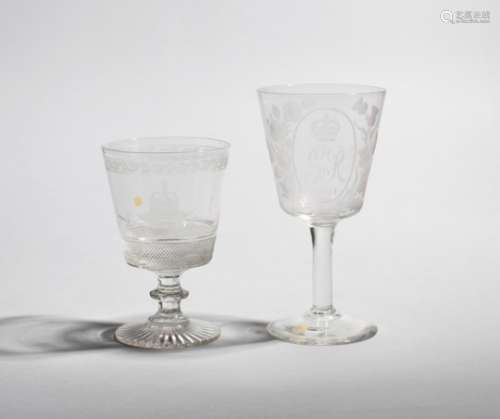 Two glass commemorative rummers 19th century, one engraved with the Regalia of Scotland beneath a
