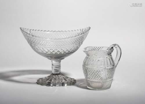 A large cut glass sweetmeat stand and a jug, 19th century, the pedestal bowl of navette shape, cut