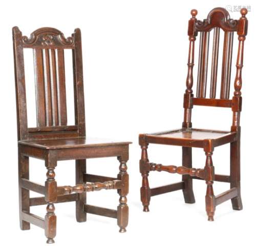 A William and Mary elm slat-back side chair, the arched and scroll top rail above triple moulded