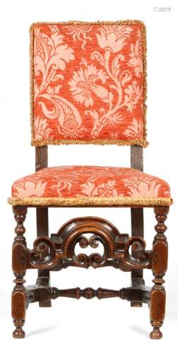 A William and Mary upholstered oak side chair, the padded back and seat with later damask fabric,