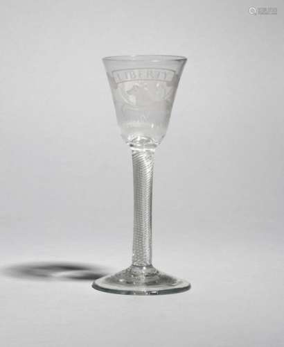 A rare Hanoverian wine glass c.1760, the bowl engraved with the White Horse of Hanover beneath a