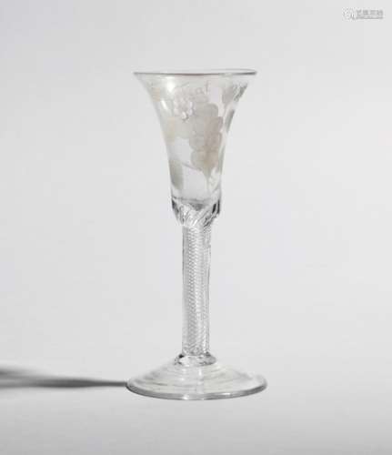 A Jacobite wine glass c.1750, the bell bowl engraved with a rose spray, oak leaf, star and 'Fiat'
