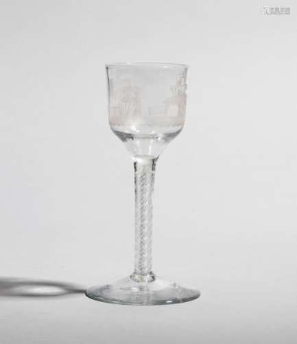 A large wine glass c.1760, the slight ogee bowl engraved with a chinoiserie scene of a figure