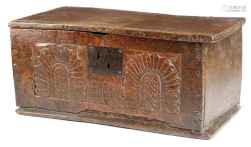 A small Charles II oak box, the hinged lid with a moulded front and back edge and crimped sides, the