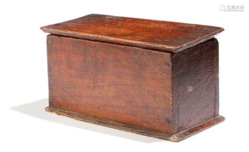 A 17th century elm lace bobbin box, the hinged lid decorated with an incised whorl rondel, with wire