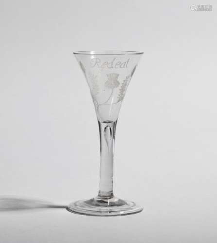 A diamond point engraved Jacobite wine glass c.1740-50, the drawn trumpet bowl engraved with a