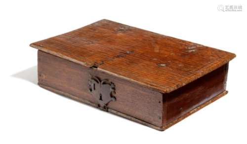 A small 17th century oak boarded box, with a shaped iron escutcheon and hinges, the hinged lid