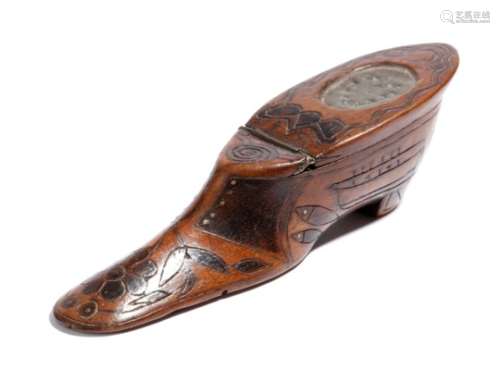 A 19th century treen sailor's valentine snuff shoe, with brass tack inlay, the hinged lid with an