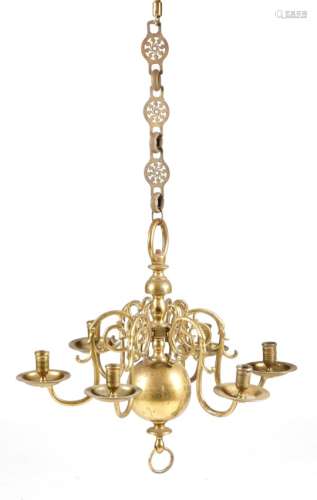 An 18th century Dutch brass six-light chandelier, the ring top above a turned and ball stem, with
