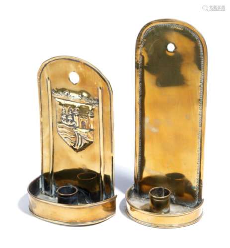 Two sheet brass wall sconces, one with an oblong pierced back, with a stamped back and a single