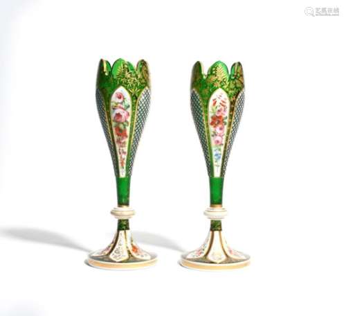 A pair of Bohemian glass vases 2nd half 19th century, of elongated tulip shape, painted with poppies