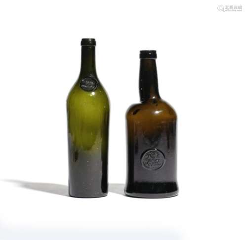 An early All Souls Common Room sealed wine bottle c.1760, the long-necked cylinder body applied with