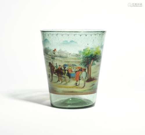 A large Continental glass vase or beaker 19th century, the flared form painted in coloured enamels