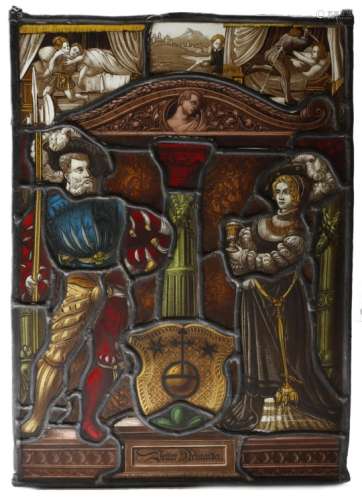 A German stained glass panel in 16th century style, the top panels depicting a man and a woman in