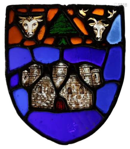 A Scottish stained glass armorial panel, of shield shape and decorated with the arms of the town