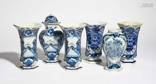 A garniture of three Delft vases mid 18th century, of hexagonal form with two sleeve vases and a