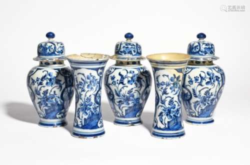 A garniture of five small Delft vases 2nd half 18th century, comprising three vases and covers and