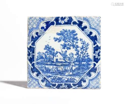 An unrecorded woodblock printed Liverpool delftware tile c.1750-60, printed in blue probably by John