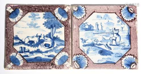 Two London delftware tiles c.1740, each decorated with an octagonal panel, in blue with a scene of
