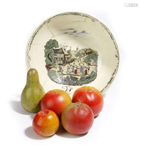 A George III creamware bowl, titled 'THE FARMERS ARMS', with various printed scenes and date '1796',