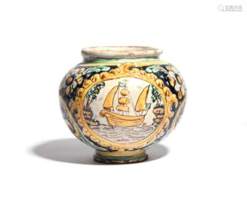 A Sicilian maiolica bombola late 17th century, the rounded form painted with a panel containing a