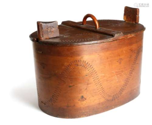 A large 19th century Scandinavian bentwood pine food / storage box and cover, with punched